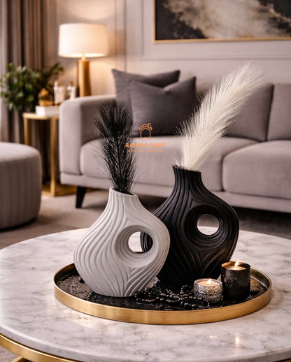 2 vases en céramique modernes en noir et gris
