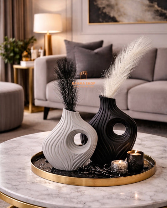 2 vases en céramique modernes en noir et gris